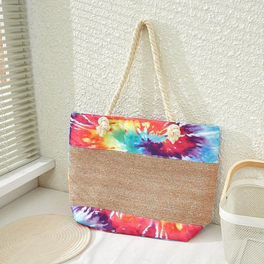 Tie Dye And Jute Canvas Tote Bag With Braided Handles