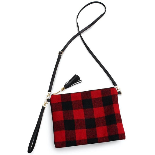 Tweed Red and Black Plaid Tassel Handbag