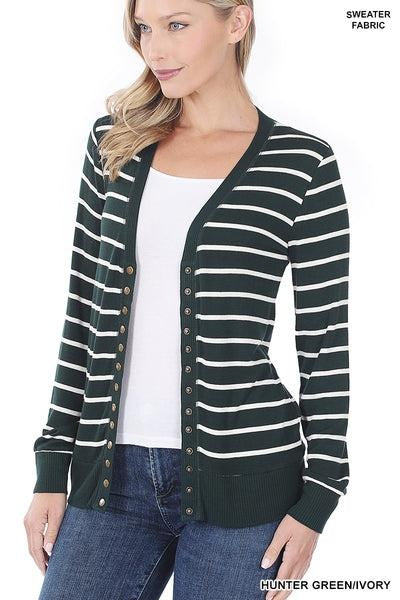 Striped Snap Button Cardigan Sweater - Hunter Green