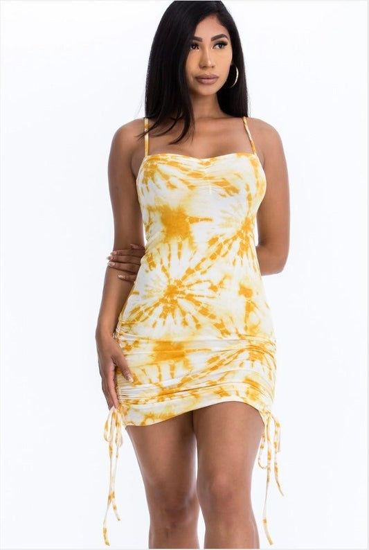 Tie-Dye Ruched Bodycon Dress- CANARY