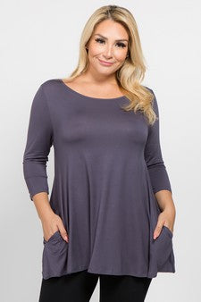 Women's Solid Color Swing Tunic Dress Featuring 3/4 Sleeves- Plus